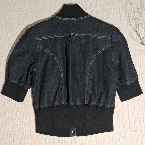 Y2k Denim Cropped Jacket Gold Stitching Ribbed Trim Short Sleeve Moto - Picture 3 of 17